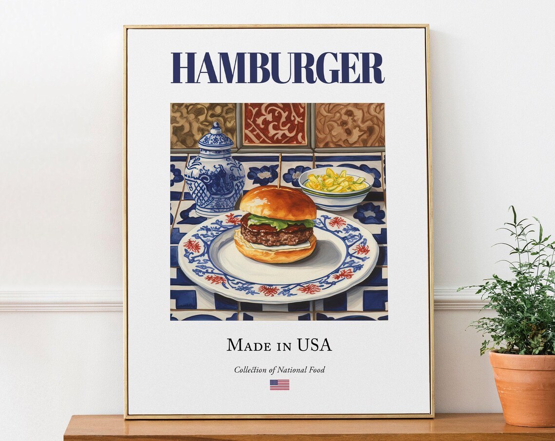 Hamburger On Maiolica Tile Plate, Kitchen Art Print