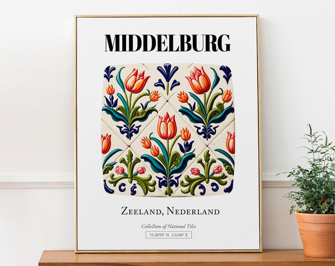 Middelburg Netherlands Folk Tile Pattern With Tulips Art Print