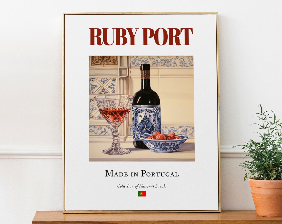 Ruby Port on Azulejo Tile, Portugal Travel Poster