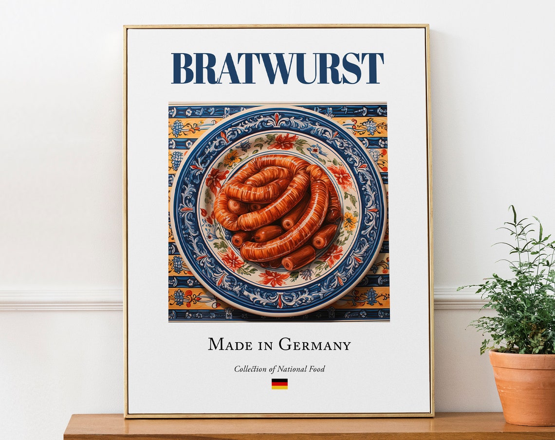 Bratwurst on Maiolica Tile Plate, German Kitchen Art Print