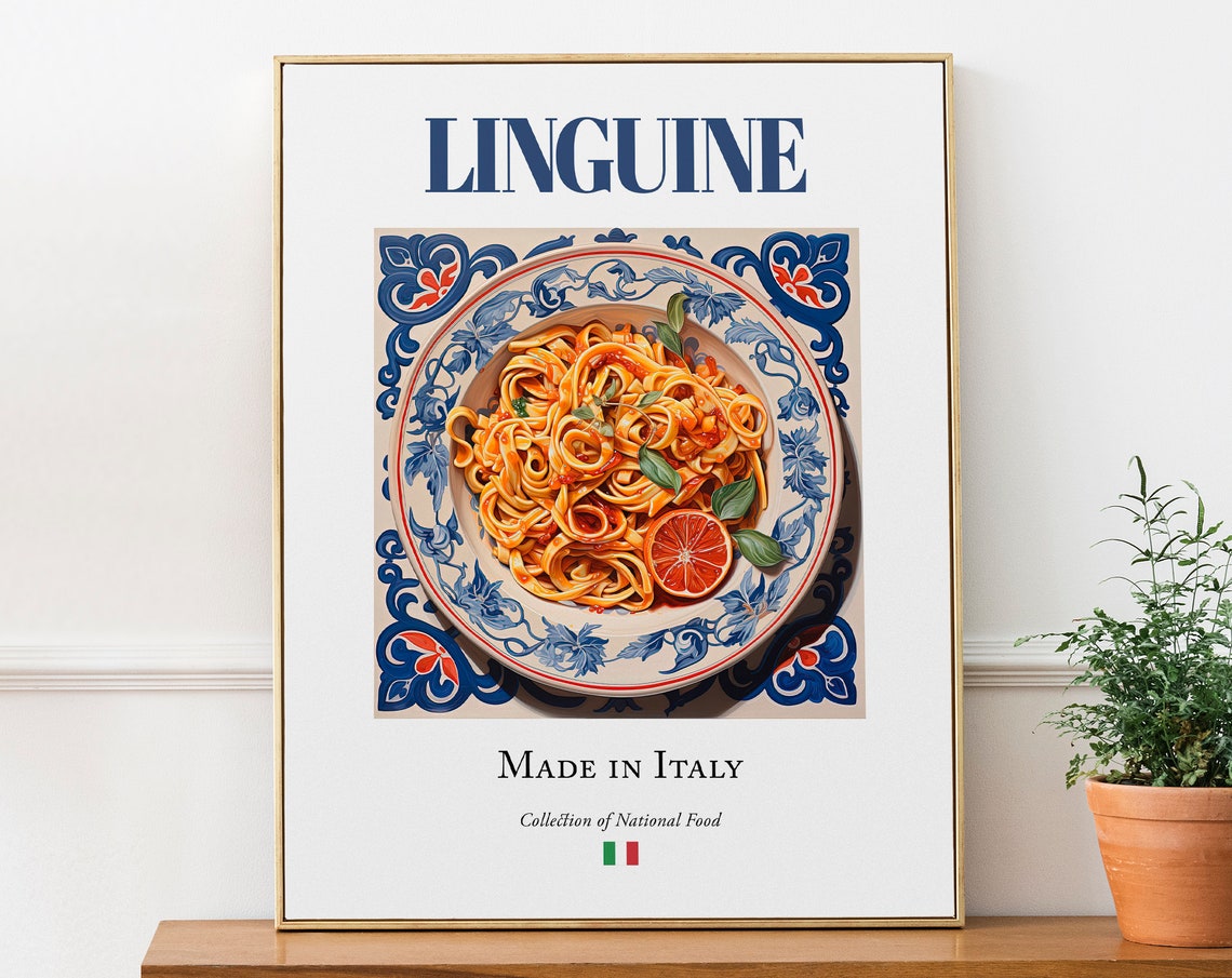Linguine on Maiolica Tile Plate, Italian Food Art Print