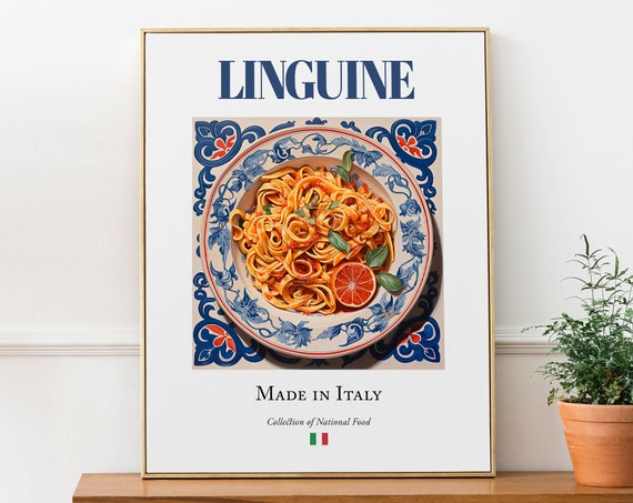 Linguine on Maiolica Tile Plate, Italian Food Art Print