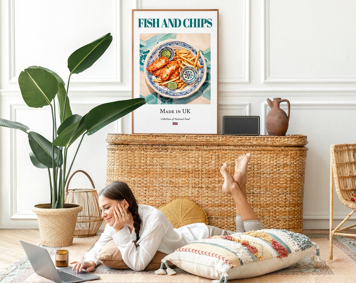 Fish And Chips Maiolica Tile Plate, English Food Art Print - Image 2