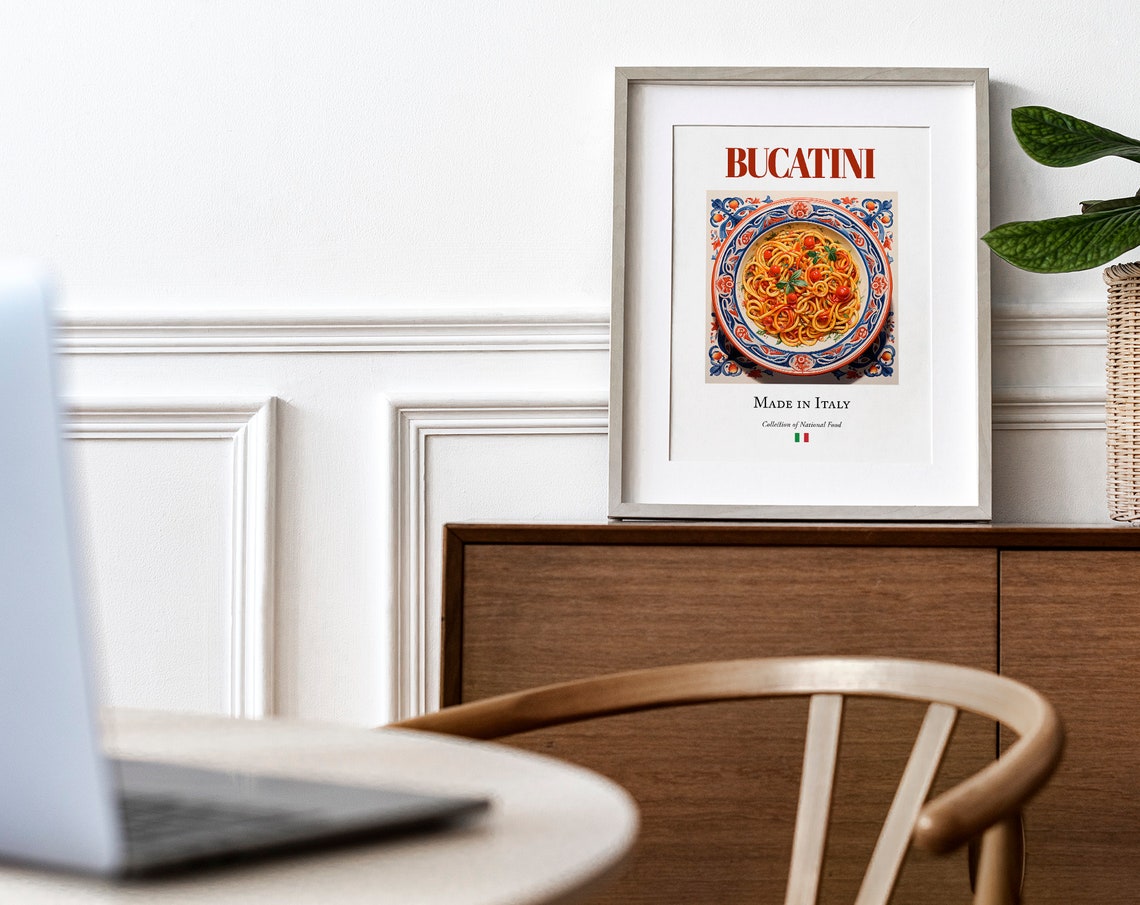 Bucatini on Maiolica Tile Plate, Italian Food Poster - Image 4