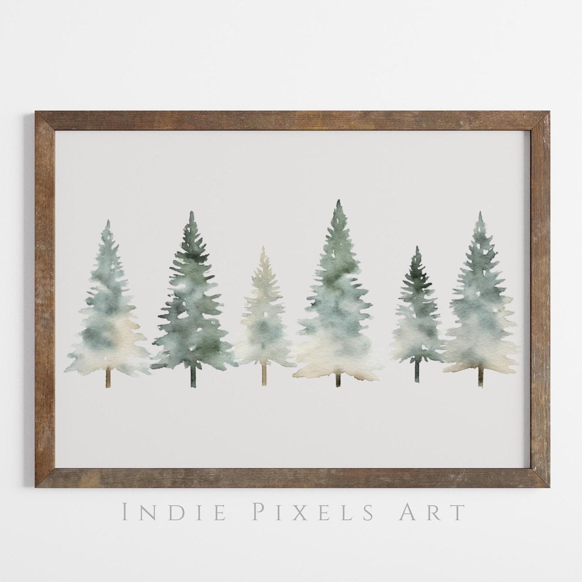 Soft Watercolor Pine Tree Row Neutral Christmas Winter Wall Art