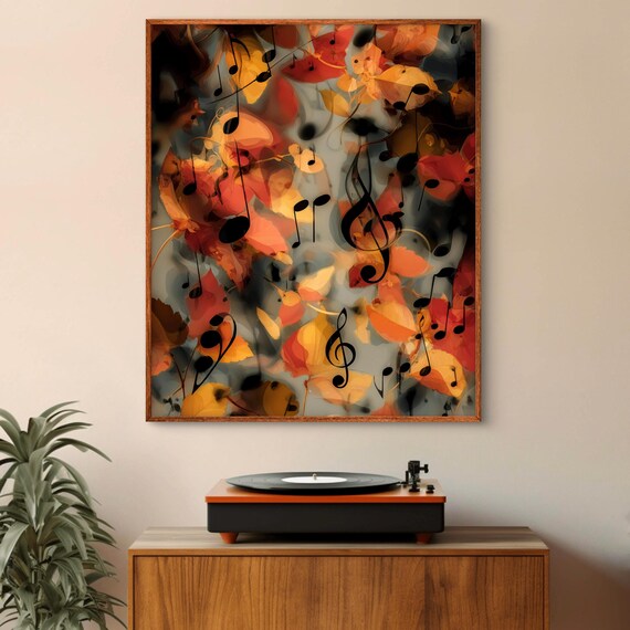 Abstract Music Notes Among Autumn Leaves Warm Abstract Poster