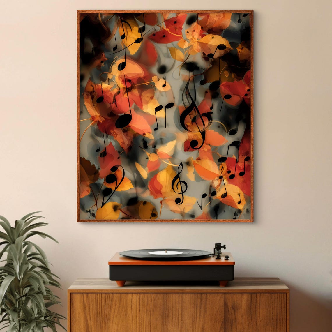 Abstract Music Notes Among Autumn Leaves Warm Abstract Poster