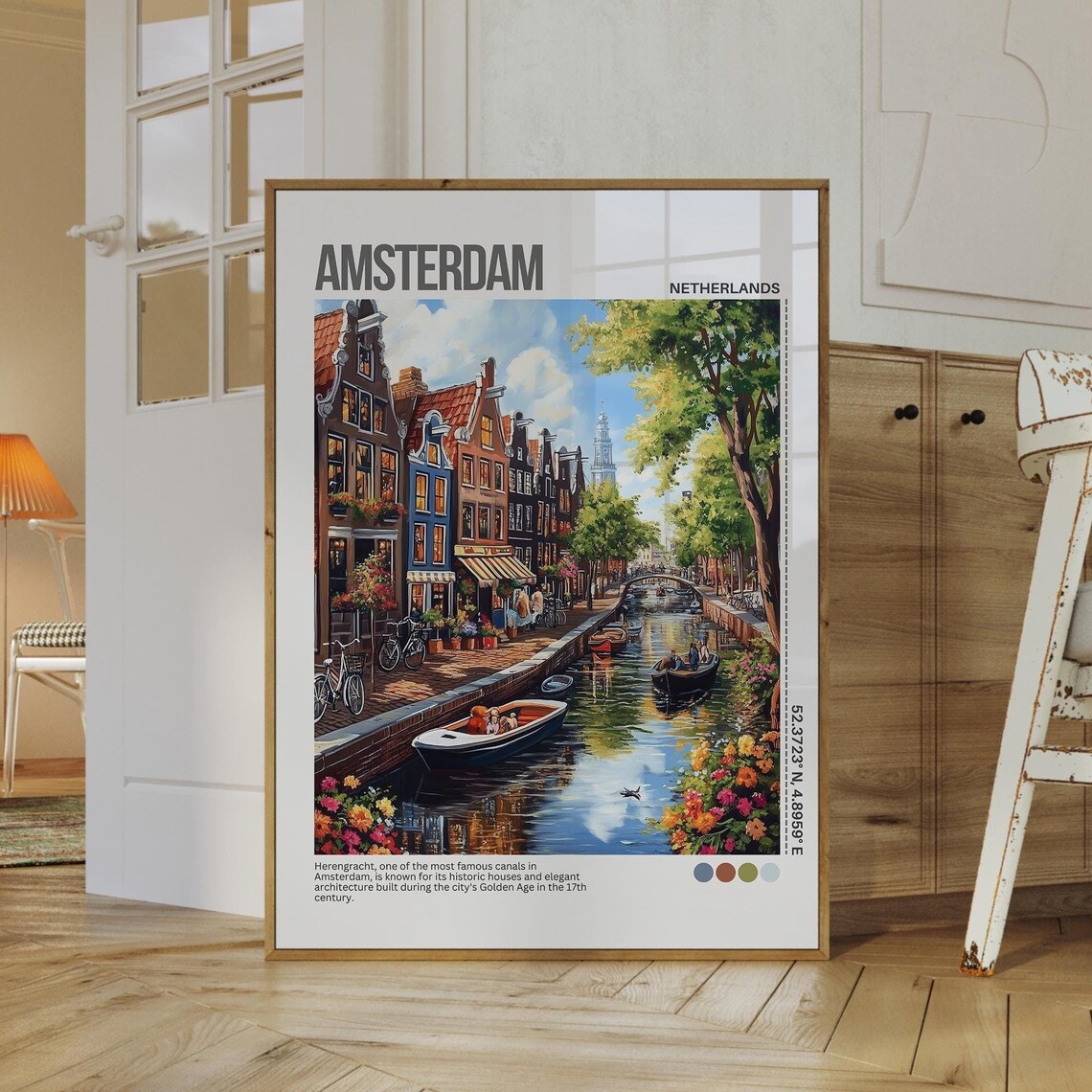 Amsterdam Herengracht Canal Colorful Houses Boat Travel Poster