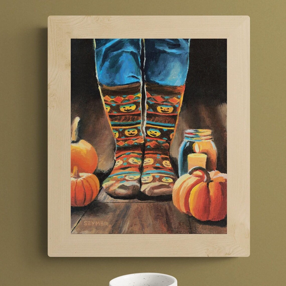 Cozy Halloween Scene with Pumpkin Socks, Pumpkins and Candlelight Poster