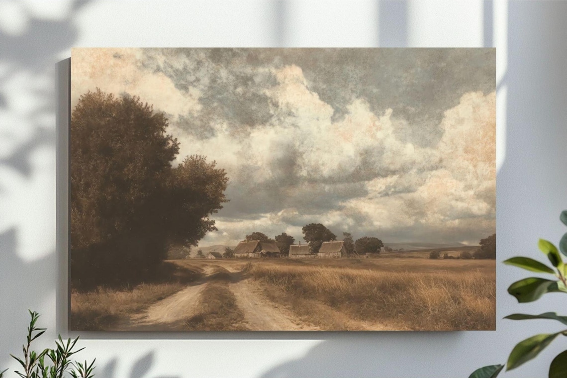 Sepia Vintage Farm Road with Cottages and Wheat Fields Poster