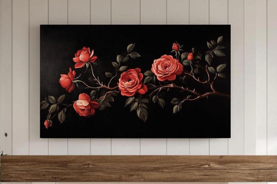 Coral Red Roses Blooming Branch Night Background Flower Poster