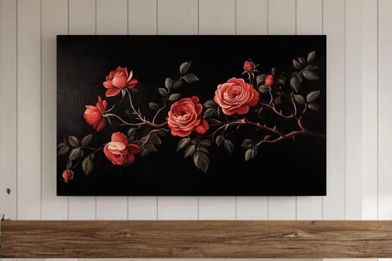 Red Roses Valentines Day Frame Tv Art Vintage Floral Oil Painting Botanical Flowers Dark Moody Decor