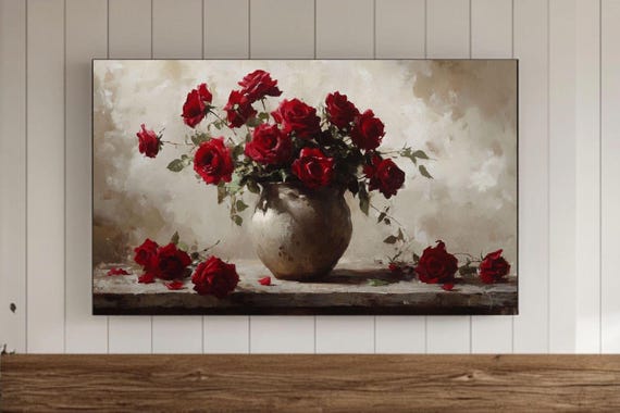 Red Roses Valentines Day Samsung Frame Tv Wall Art Vintage Botanical Flowers Oil Painting Screensaver Floral Moody Farmhouse Decor Print