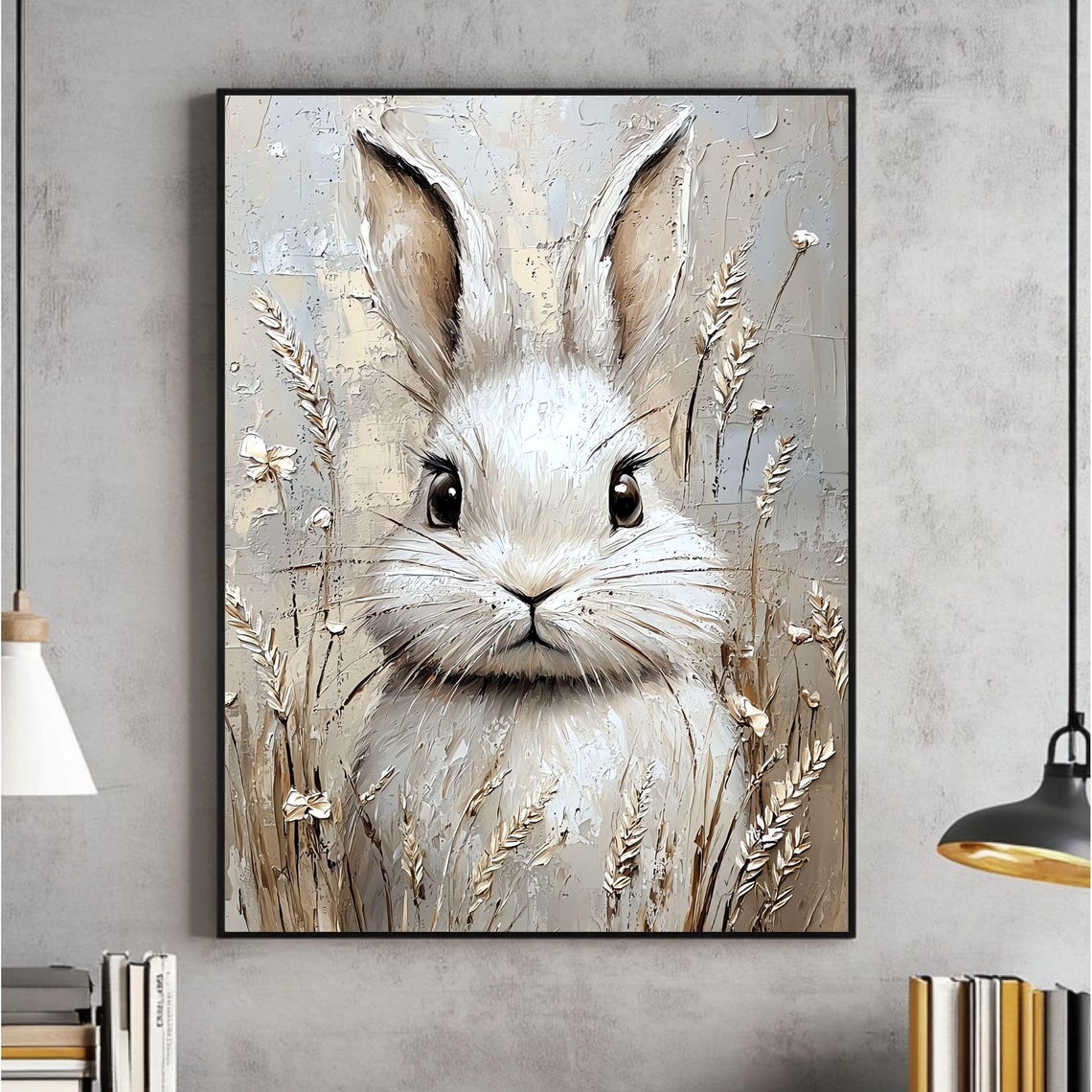 Cute White Bunny Face Among Golden Wheat Field Impasto Poster