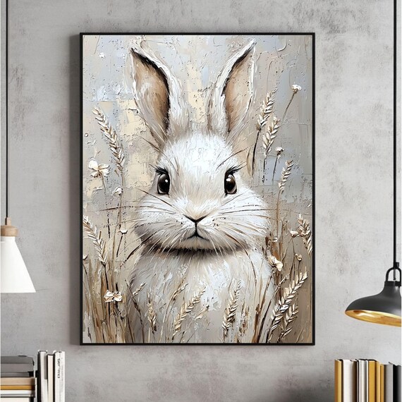 Cute White Bunny Face Among Golden Wheat Field Impasto Poster