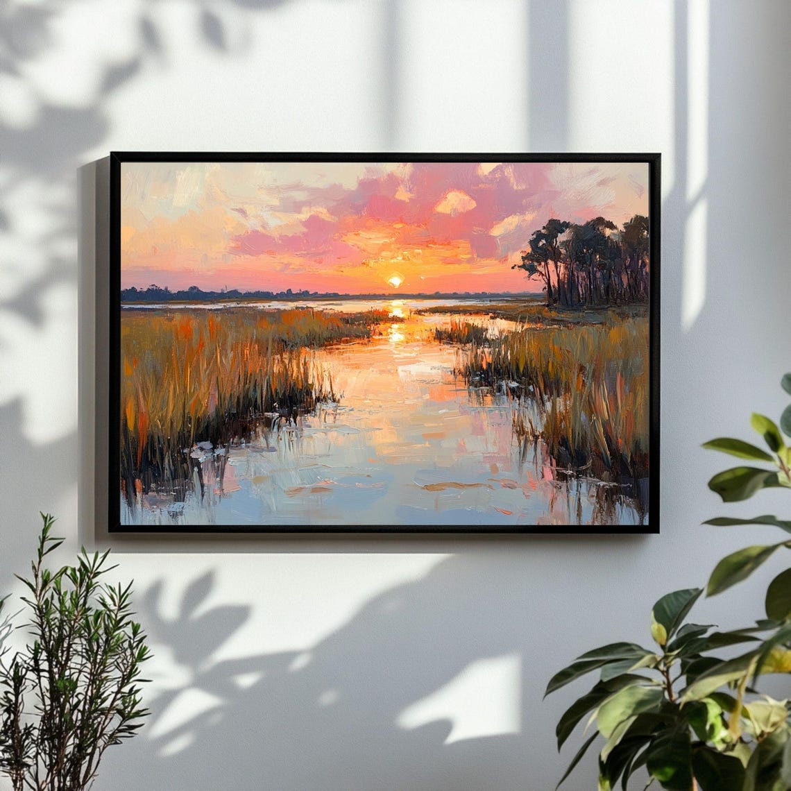 Serene Marsh Sunset Reflective Water Impressionist Art Poster
