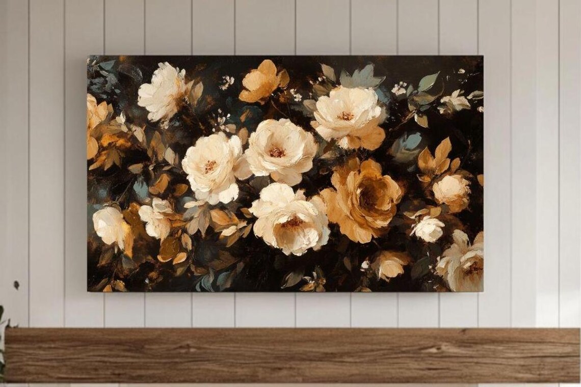 Moody White And Gold Peonies Painting Dark Floral Still Life Poster