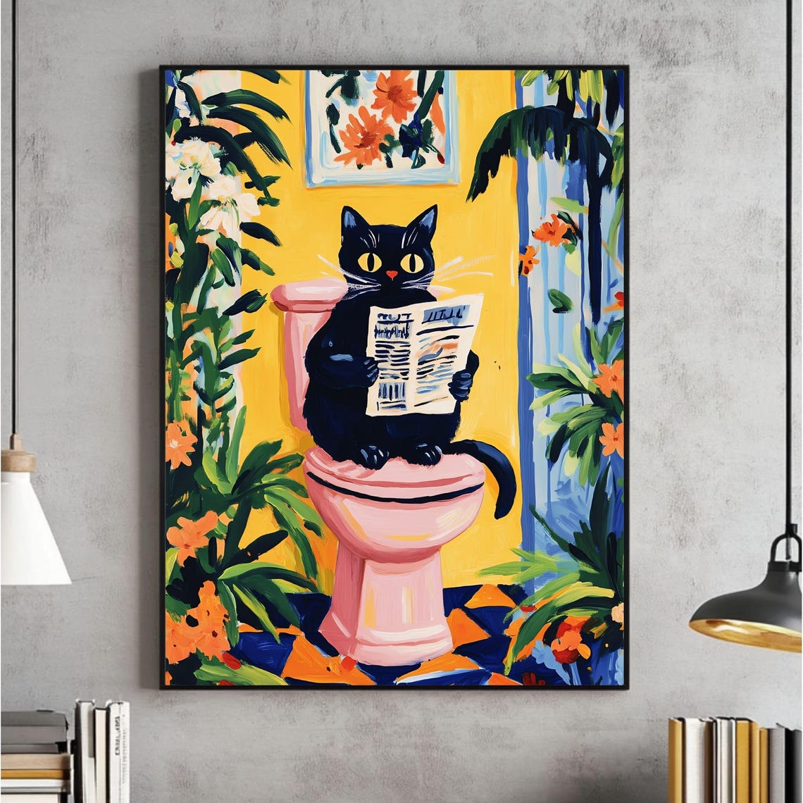 Black Cat Reading On Pink Toilet With Tropical Plants Poster