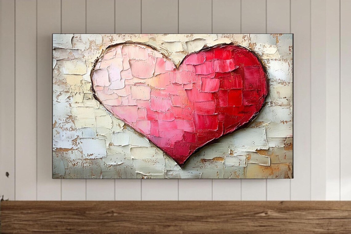 Large Red Pink Heart Mosaic Textured Love Painting Romantic Wall Art