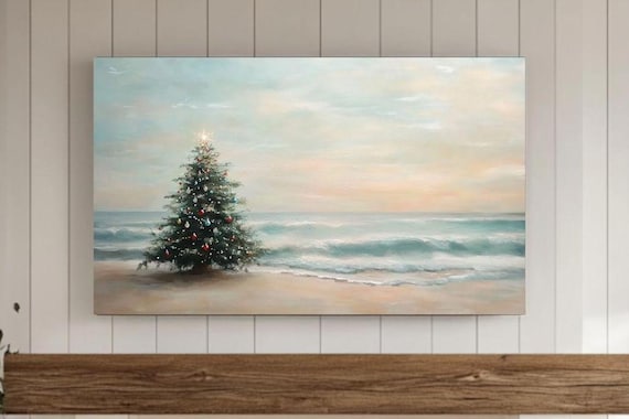 Christmas Tree Beach Ocean Waves Pastel Coastal Holiday Poster