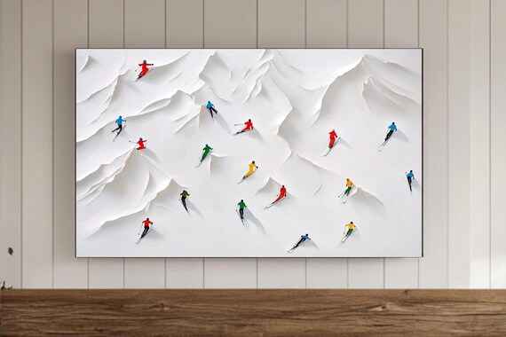Tiny Colorful Skiers Scattered on Snowy Peaks Aerial View Poster