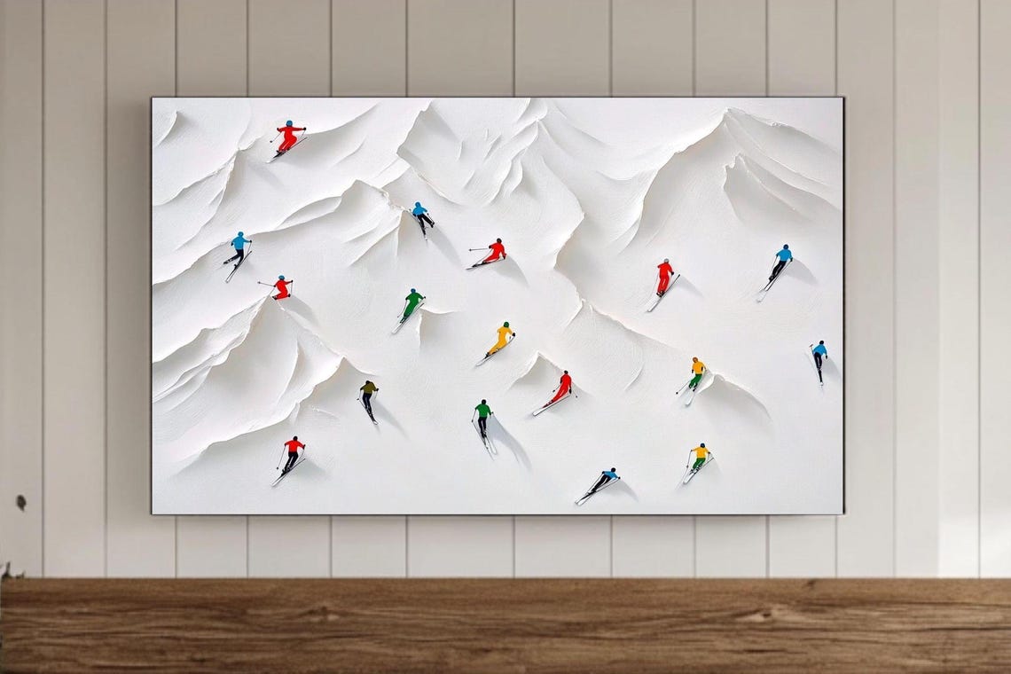 Tiny Colorful Skiers Scattered on Snowy Peaks Aerial View Poster