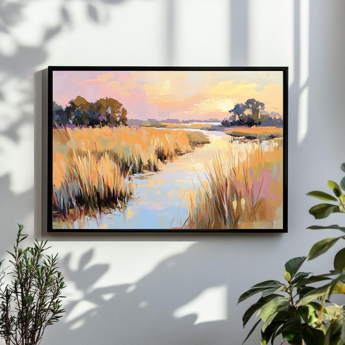 Golden Marsh Wetland At Sunset Impressionist Landscape Poster