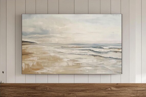 Serene Neutral Beach Ocean Painting Cloudy Sky Minimalist Wall Art