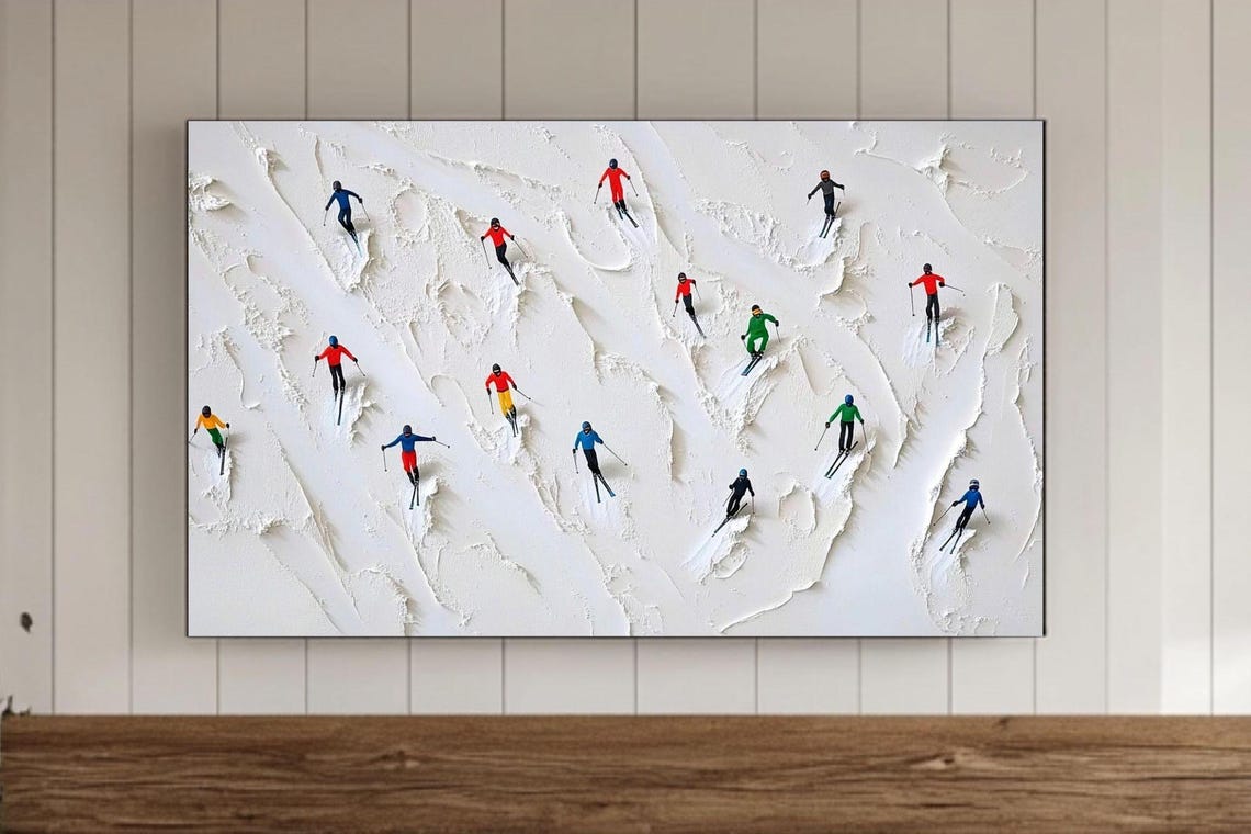 Tiny Skiers in Bright Colors on White Powder Snow Slope Poster