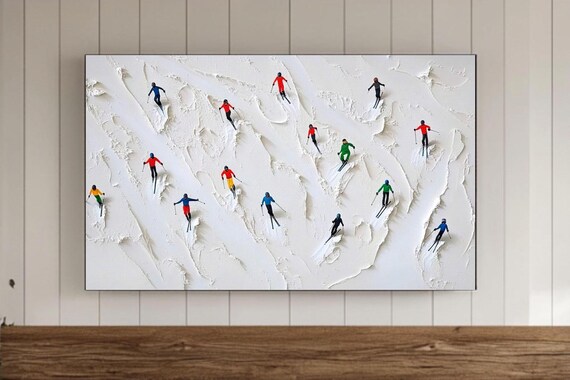 Tiny Skiers in Bright Colors on White Powder Snow Slope Poster