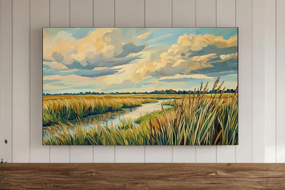 Golden Marsh Reeds Along a Winding Creek Under Cloudy Sky Poster