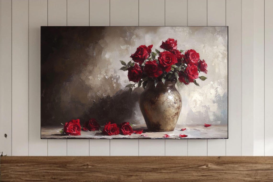 Red Roses Valentines Day Samsung Frame Tv Wall Art Vintage Botanical Flowers Oil Painting Screensaver Floral Moody Farmhouse Decor Print