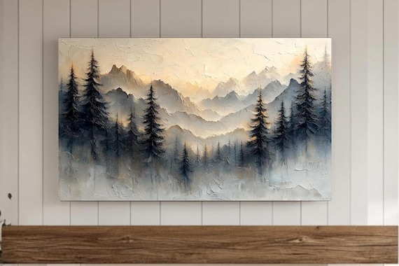 Dreamy Misty Winter Mountain Pine Forest Golden Sky Painting Poster