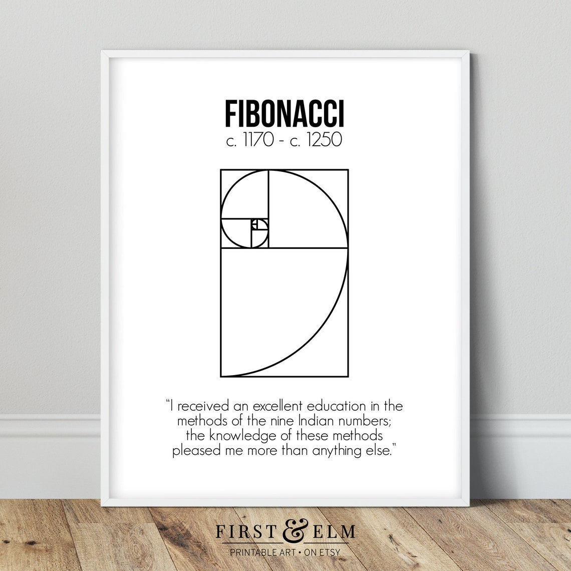 Famous Fibonacci Golden Spiral Mathematician Quote Black Art Print - Image 2