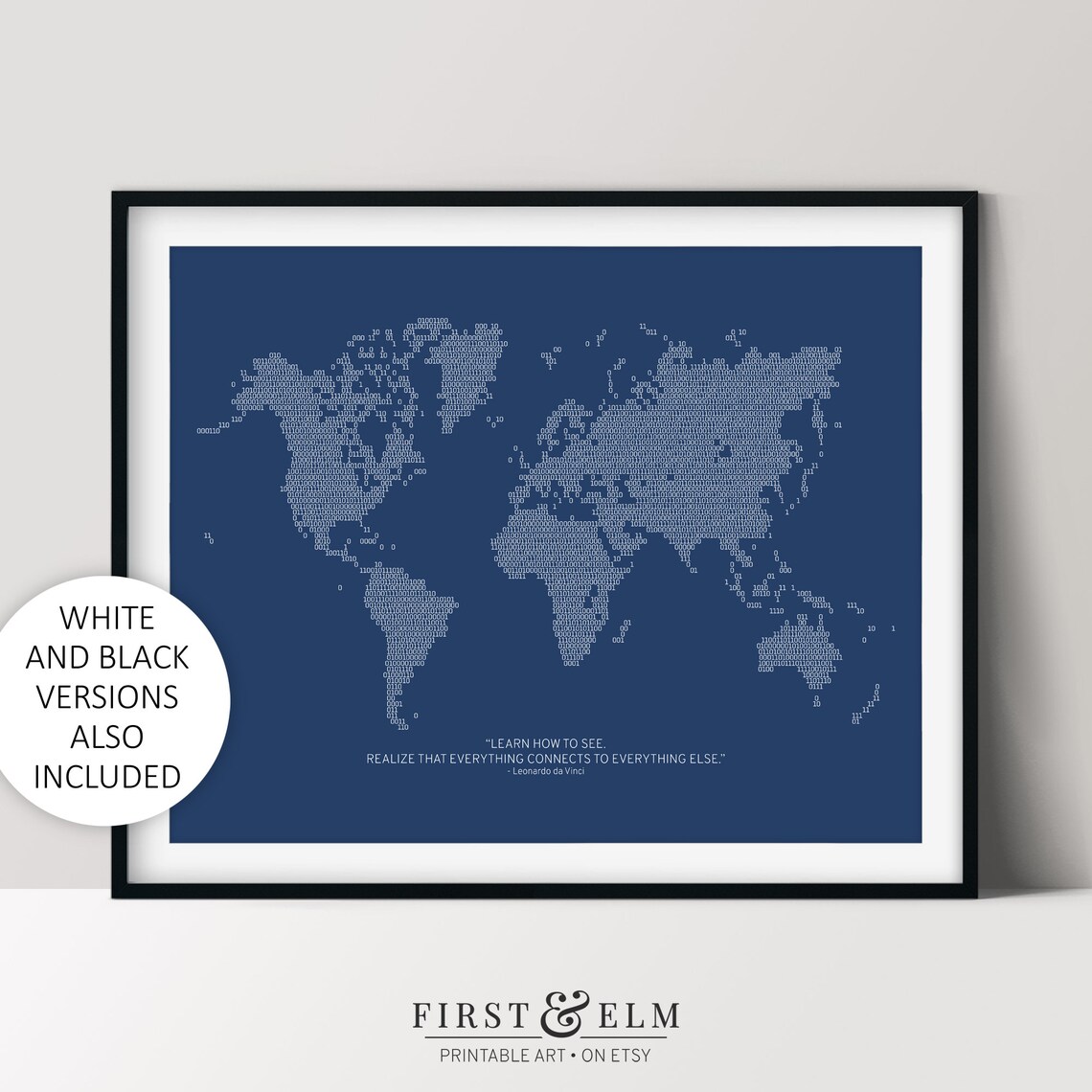 Binary Code World Map Poster, Programmer Office Decor