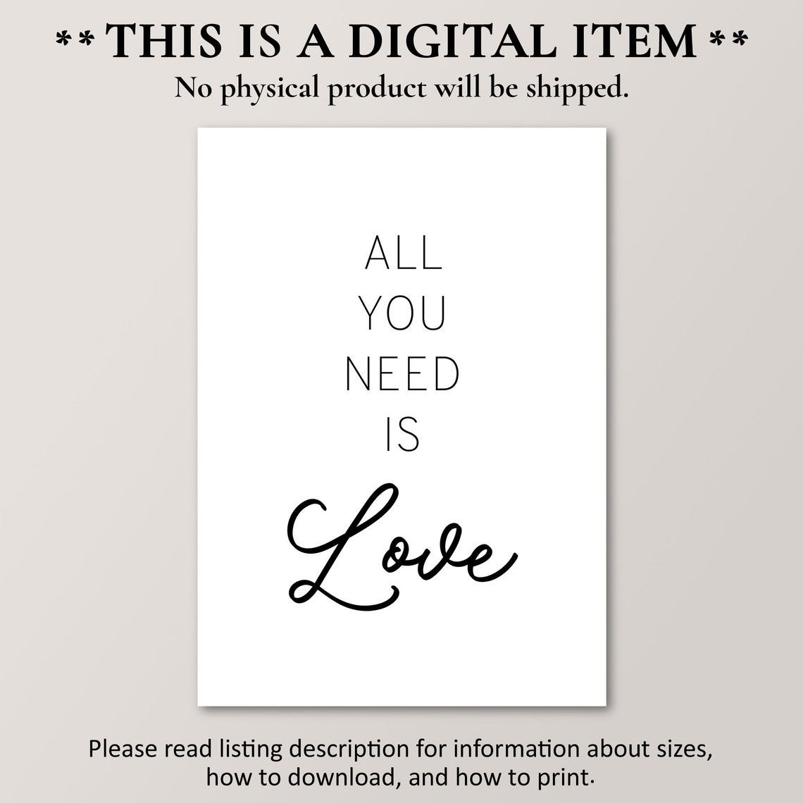 All You Need Is Love Black White Minimalist Script Typography Poster - Image 2