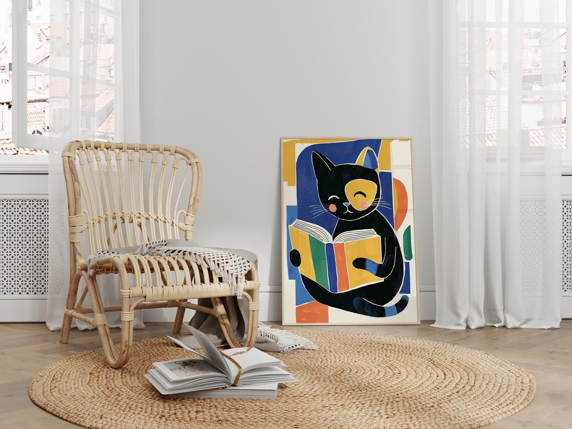 Cat Reading A Book, Cute Modern Art Print - Image 3