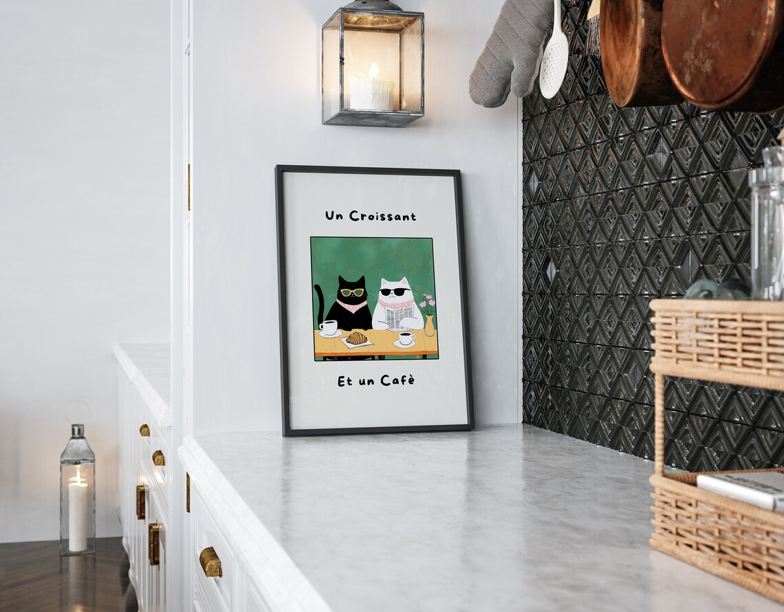French Cafe Croissant Cat Print, Kitchen Decor - Image 2
