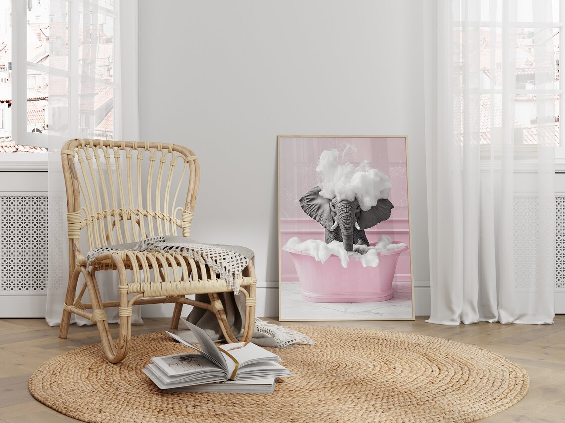 Cute Elephant In A Tub, Pink Bathroom Funny Print - Image 2