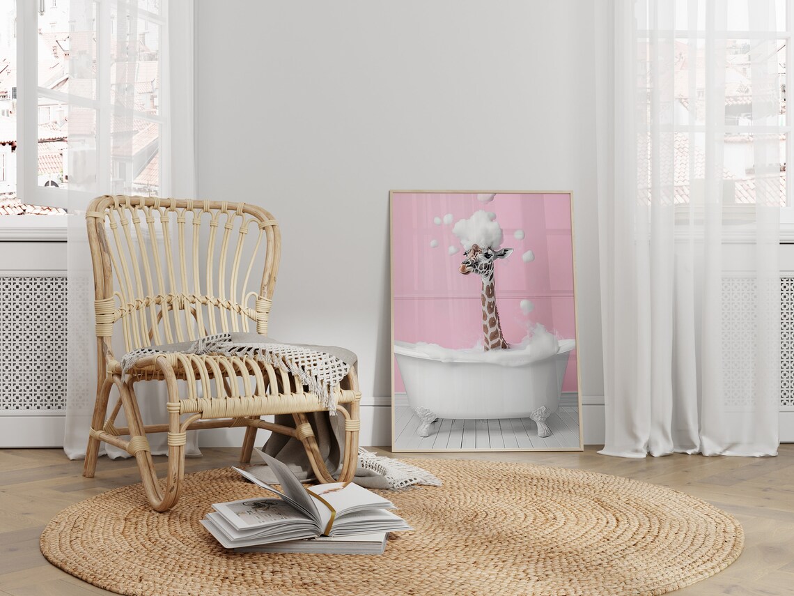 Cute Giraffe In A Bathtub, Funny Bathroom Art Print - Image 2