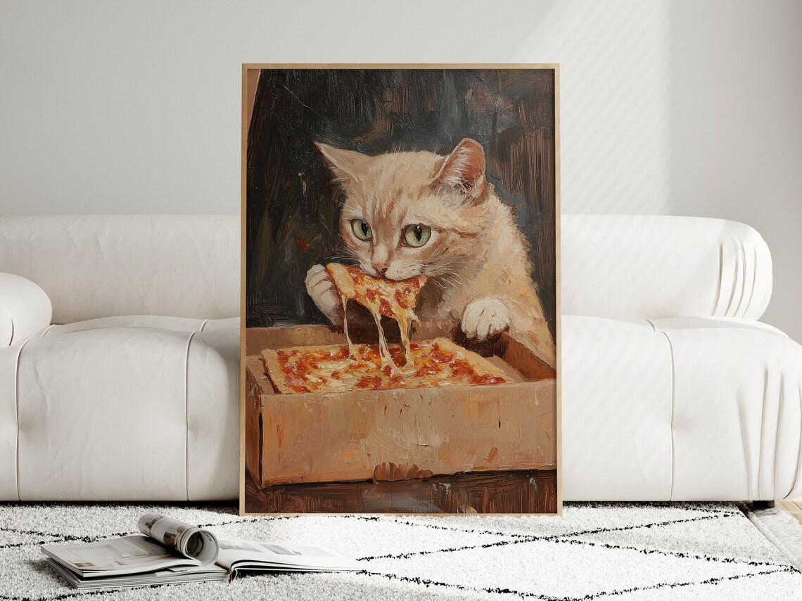 Cute Cat Eating Pizza, Funny Kitchen Art Print - Image 4