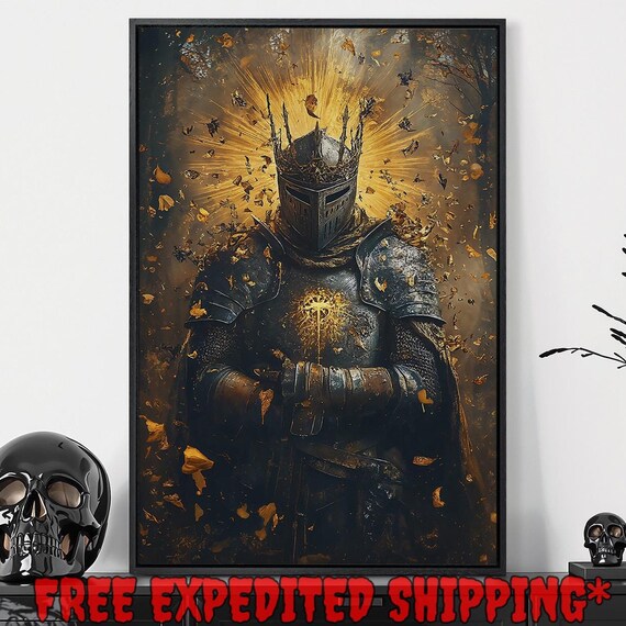 Crowned Knight In Armor Golden Leaves Medieval Warrior Art Poster