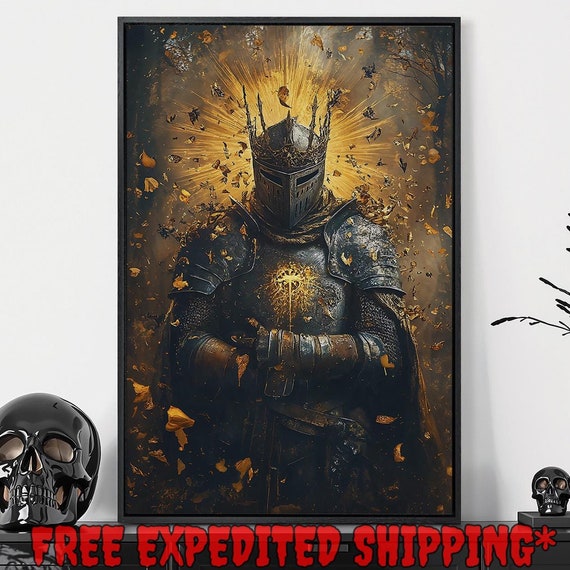 Regal Knight In Armor Framed Wall Art Golden Leaves Painting Print Warrior In Crown Decor Gothic Medieval Poster Gift Ready To Hang