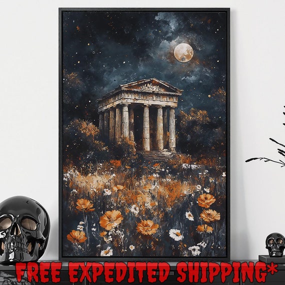 Ancient Ruins In Moonlight Print Mystical Night Sky Decor Field Of Vibrant Flowers Poster Ready To Hang Gothic Framed Wall Art