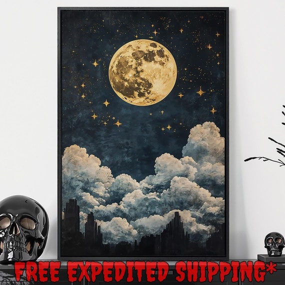 Full Moon Night Framed Wall Art Starry Sky In The Clouds Painting Print Celestial Decor Dark Urban Silhouette Poster Ready To Hang