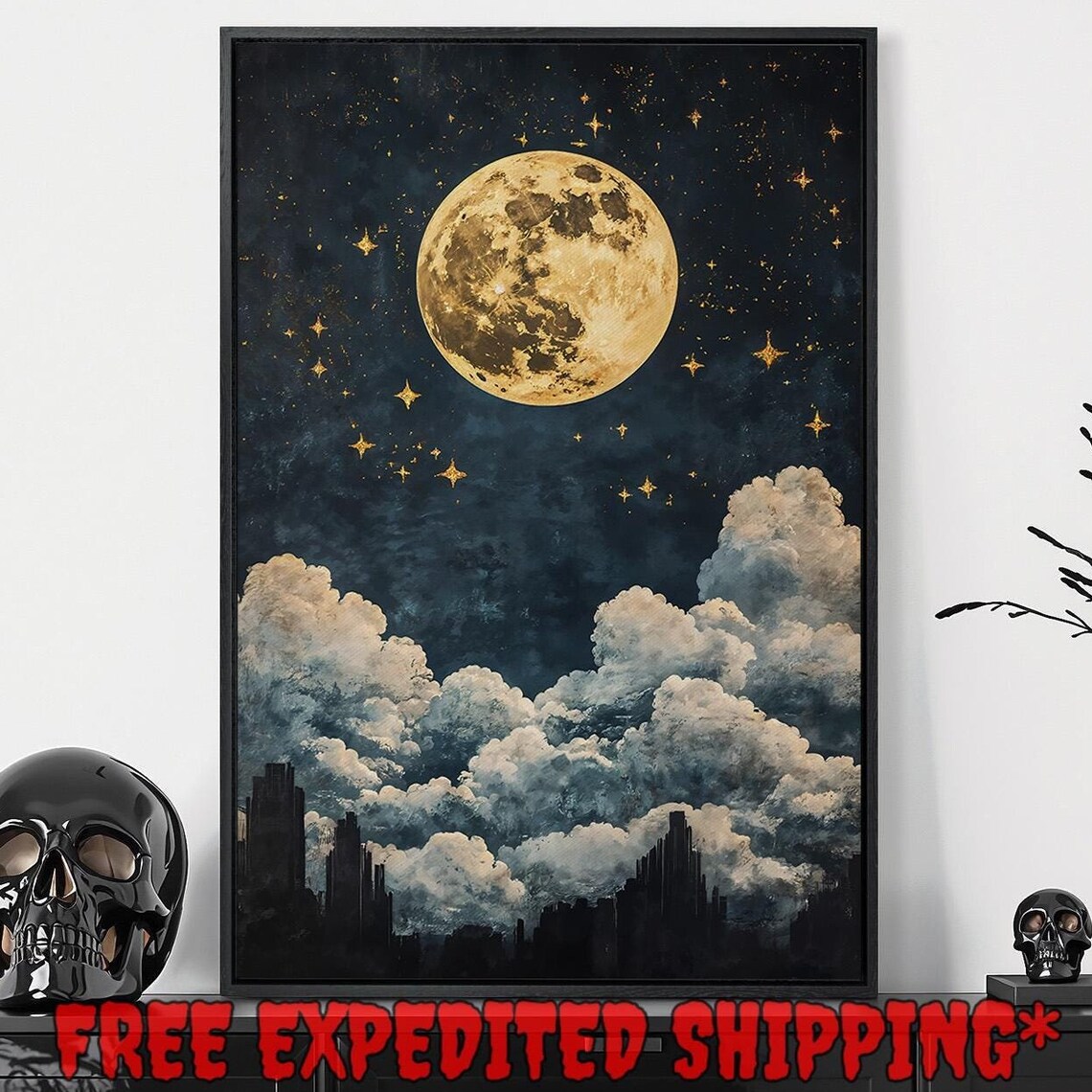 Full Golden Moon Over Clouds Dark City Silhouette Starry Night Urban Wall Poster