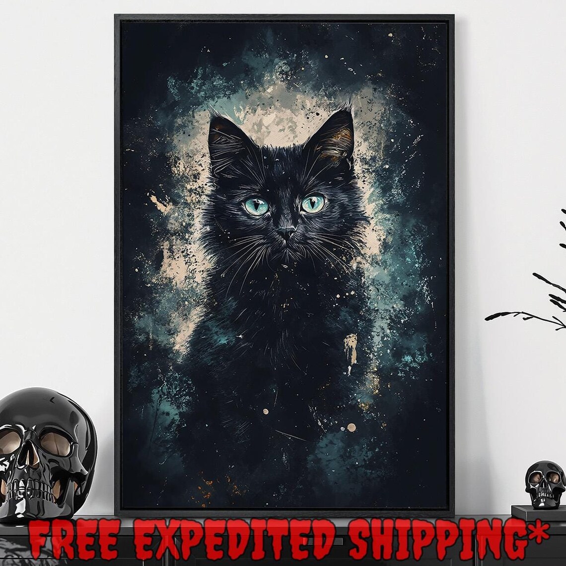 Mysterious Black Cat With Teal Eyes Cosmic Night Portrait Poster