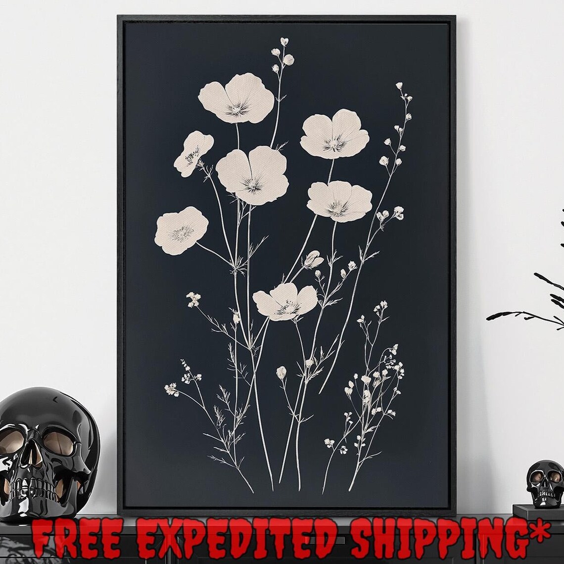 Minimalist White Wildflowers Black Background Dark Botanical Poster