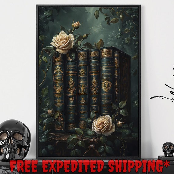 Antique Books Framed Wall Art White Roses In Green Leaves Painting Print Dark Botanical Decor Library Poster Gift Ready To Hang