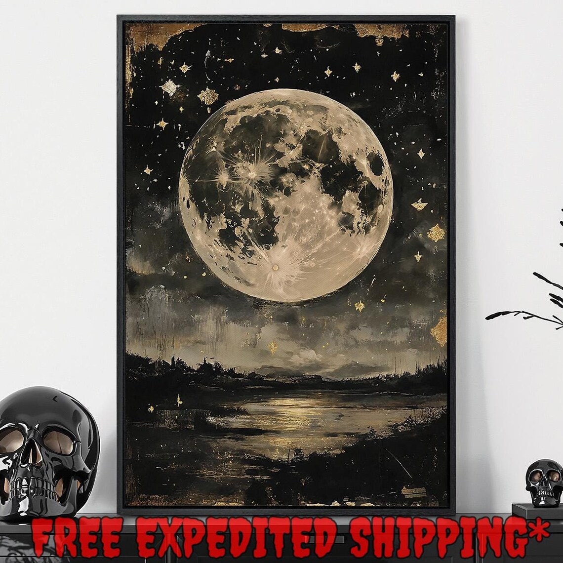 Giant Full Moon Over Misty River Landscape Gold Stars Dark Night Poster